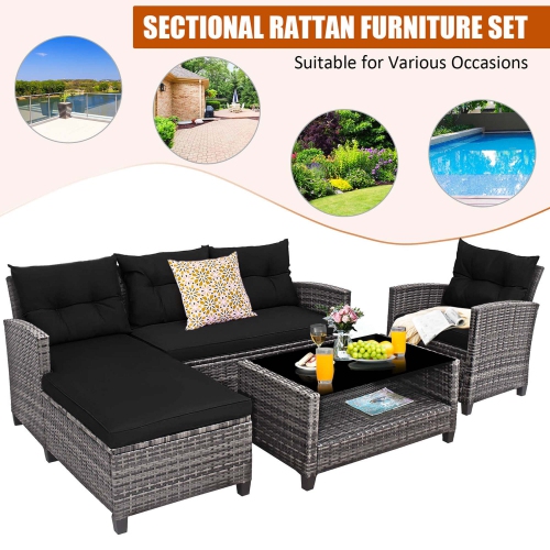 Gymax Set of 4 Rattan Furniture Set Sofa Ottoman Cushion Garden Deck Patio Black