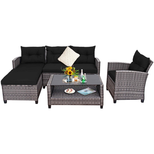 Gymax Set of 4 Rattan Furniture Set Sofa Ottoman Cushion Garden Deck Patio Black