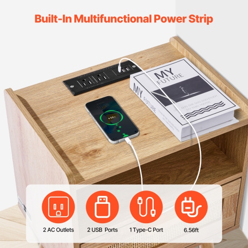 VEVOR Rattan Nightstand, Boho Bedside Table with Drawer Open Shelf, Rattan End Table Wooden Nightstand with Solid Wood Legs, Rattan Side Table with