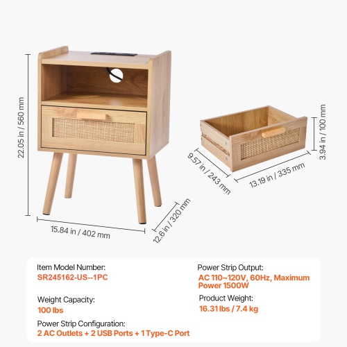 VEVOR Rattan Nightstand, Boho Bedside Table with Drawer Open Shelf, Rattan End Table Wooden Nightstand with Solid Wood Legs, Rattan Side Table with
