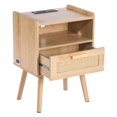 VEVOR Rattan Nightstand, Boho Bedside Table with Drawer Open Shelf, Rattan End Table Wooden Nightstand with Solid Wood Legs, Rattan Side Table with