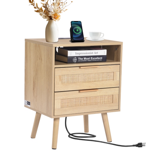 VEVOR Rattan Nightstand, Boho Bedside Table with Open Shelf 2 Drawers, Rattan End Table Nightstand with Solid Wood Legs, Rattan Bedside Table with