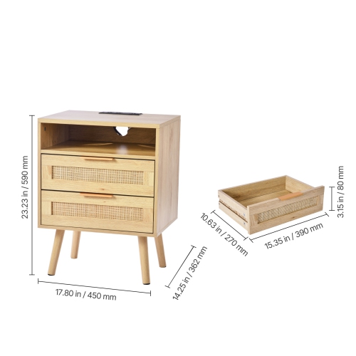 VEVOR Rattan Nightstand, Boho Bedside Table with Open Shelf 2 Drawers, Rattan End Table Nightstand with Solid Wood Legs, Rattan Bedside Table with