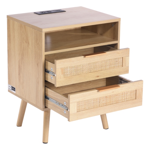 VEVOR Rattan Nightstand, Boho Bedside Table with Open Shelf 2 Drawers, Rattan End Table Nightstand with Solid Wood Legs, Rattan Bedside Table with