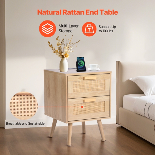 VEVOR Rattan Nightstand, Boho Bedside Table with 2 Drawers, Rattan End Table Nightstand with Solid Wood Legs, Rattan Bedside Table with Charging