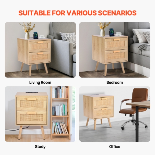 VEVOR Rattan Nightstand, Boho Bedside Table with 2 Drawers, Rattan End Table Nightstand with Solid Wood Legs, Rattan Bedside Table with Charging
