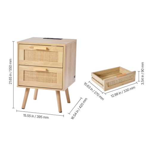 VEVOR Rattan Nightstand, Boho Bedside Table with 2 Drawers, Rattan End Table Nightstand with Solid Wood Legs, Rattan Bedside Table with Charging