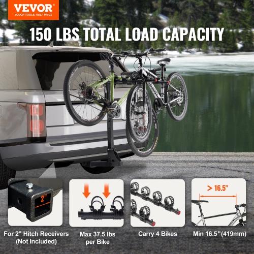 VEVOR 150 LBS Capacity Hitch Mount Bike Rack, 4-Bike Carrier Rack, Bike Rack Hitch for 2-inch Receiver, Titling and Folding Bike Carrier with