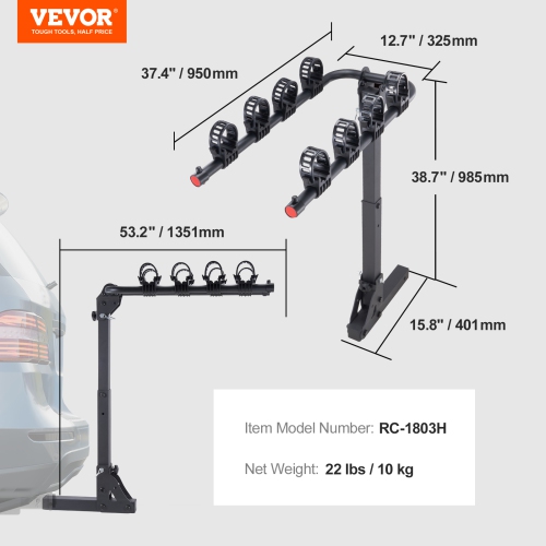 VEVOR 150 LBS Capacity Hitch Mount Bike Rack, 4-Bike Carrier Rack, Bike Rack Hitch for 2-inch Receiver, Titling and Folding Bike Carrier with