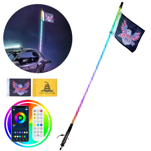 VEVOR 1 PC 3 FT Whip Light, APP & RF Remote Control Led Whip Light, Waterproof 360°Spiral RGB Chasing Lighted Whips with 2 Flags, for UTVs, ATVs,
