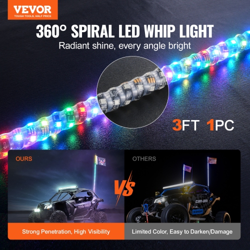 VEVOR 1 PC 3 FT Whip Light, APP & RF Remote Control Led Whip Light, Waterproof 360°Spiral RGB Chasing Lighted Whips with 2 Flags, for UTVs, ATVs,