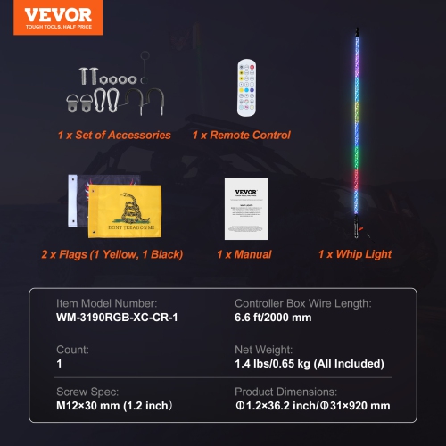 VEVOR 1 PC 3 FT Whip Light, APP & RF Remote Control Led Whip Light, Waterproof 360°Spiral RGB Chasing Lighted Whips with 2 Flags, for UTVs, ATVs,