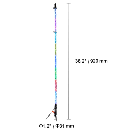 VEVOR 1 PC 3 FT Whip Light, APP & RF Remote Control Led Whip Light, Waterproof 360°Spiral RGB Chasing Lighted Whips with 2 Flags, for UTVs, ATVs,