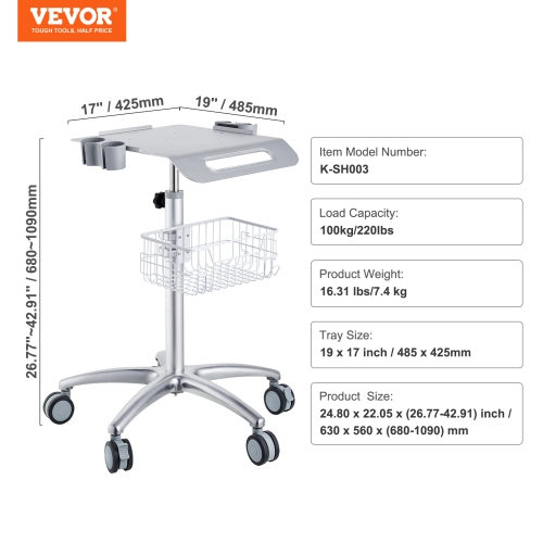 VEVOR 26.77"-42.91" Medical Cart, Salon Cart with Wheels, Mobile Trolley Cart , Metal Salon Stations for Hair Stylist, Rolling Desktop Lab Cart for