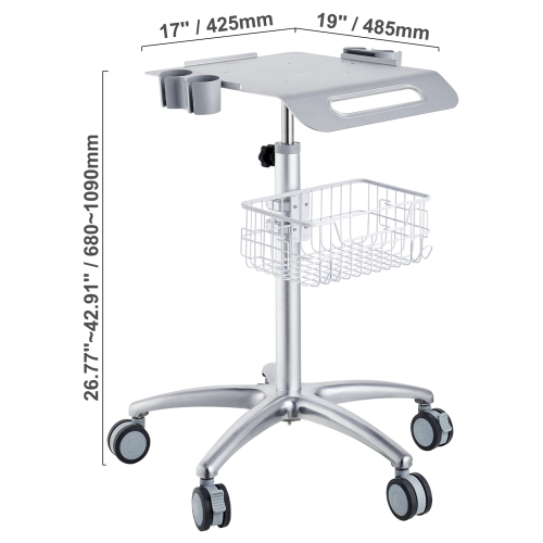 VEVOR 26.77"-42.91" Medical Cart, Salon Cart with Wheels, Mobile Trolley Cart , Metal Salon Stations for Hair Stylist, Rolling Desktop Lab Cart for