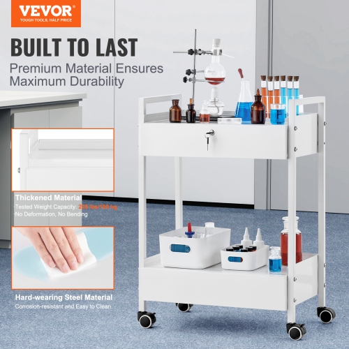 VEVOR 2 Tiers Lab Cart, Stainless Steel Utility Cart, Medical Cart with 2 Drawers, Rolling Lab Cart White Paint, Serving Cart with Swivel Casters for
