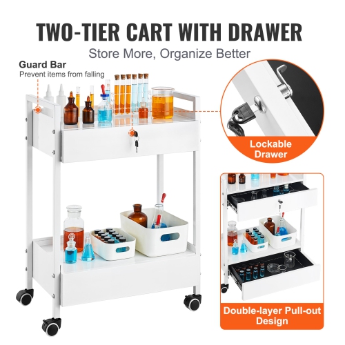 VEVOR 2 Tiers Lab Cart, Stainless Steel Utility Cart, Medical Cart with 2 Drawers, Rolling Lab Cart White Paint, Serving Cart with Swivel Casters for