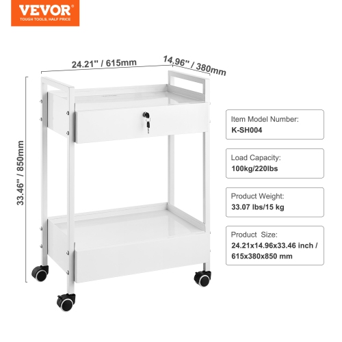 VEVOR 2 Tiers Lab Cart, Stainless Steel Utility Cart, Medical Cart with 2 Drawers, Rolling Lab Cart White Paint, Serving Cart with Swivel Casters for