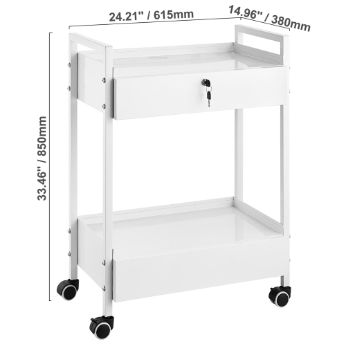 VEVOR 2 Tiers Lab Cart, Stainless Steel Utility Cart, Medical Cart with 2 Drawers, Rolling Lab Cart White Paint, Serving Cart with Swivel Casters for