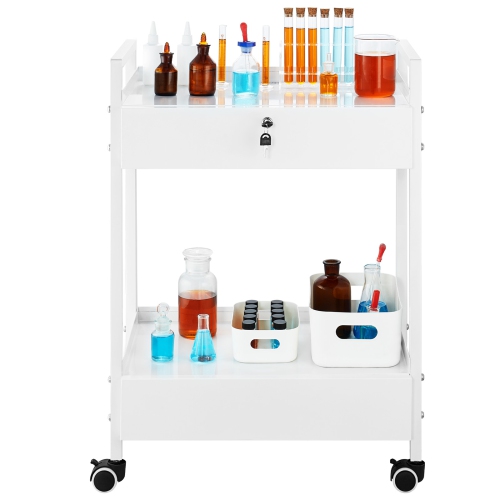 VEVOR 2 Tiers Lab Cart, Stainless Steel Utility Cart, Medical Cart with 2 Drawers, Rolling Lab Cart White Paint, Serving Cart with Swivel Casters for