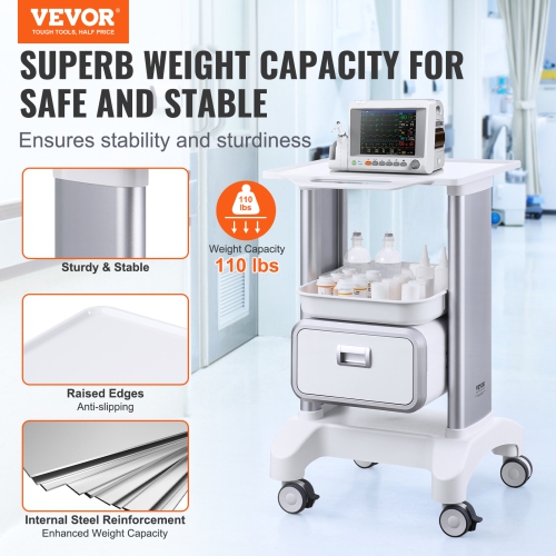 VEVOR 2 Tiers Lab Carts, Lab Utility Cart with 1 Drawer & 1 Top Tray, Mobile Medical Cart with ABS Material, Lab Rolling Cart with 4 Silent Wheels