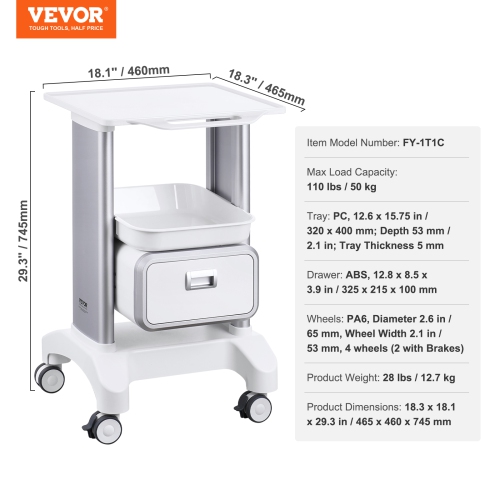 VEVOR 2 Tiers Lab Carts, Lab Utility Cart with 1 Drawer & 1 Top Tray, Mobile Medical Cart with ABS Material, Lab Rolling Cart with 4 Silent Wheels