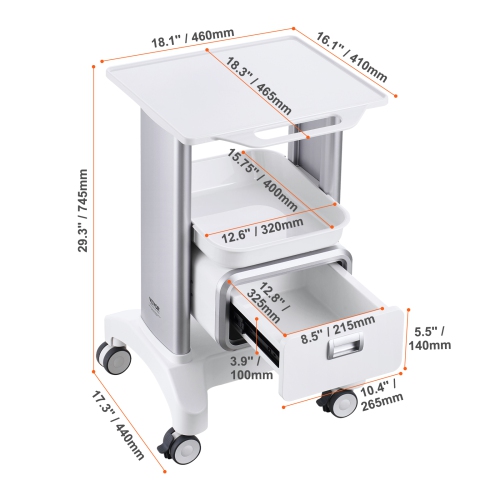VEVOR 2 Tiers Lab Carts, Lab Utility Cart with 1 Drawer & 1 Top Tray, Mobile Medical Cart with ABS Material, Lab Rolling Cart with 4 Silent Wheels