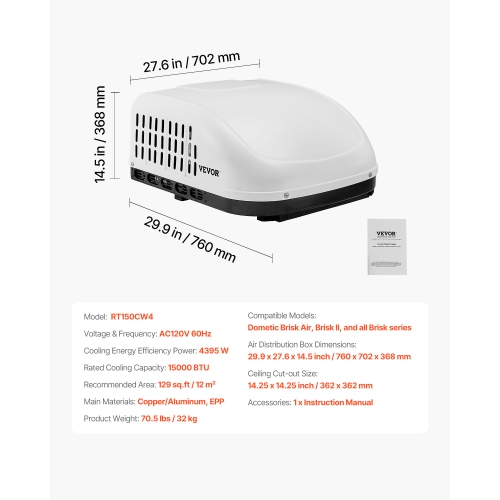 VEVOR 15000 BTU RV Air Conditioner, Non-Ducted Rooftop RV AC, 65 dB Quiet Design, Highly Fit Air-conditioning Unit for Replacing Old Damaged Units,