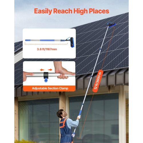 VEVOR 12 FT Water Fed Pole Kit, Solar Panel Cleaning Pole with Extendable Handle, 180° Rotatable Brush Head & 65.6FT Hose, Window Cleaner Tool for