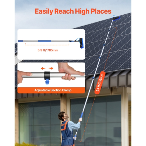 VEVOR 24 FT Water Fed Pole Kit, Solar Panel Cleaning Pole with Extendable Handle, 180° Rotatable Brush Head & 65.6FT Hose, Window Cleaner Tool for