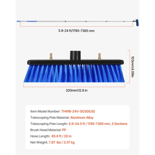 VEVOR 24 FT Water Fed Pole Kit, Solar Panel Cleaning Pole with Extendable Handle, 180° Rotatable Brush Head & 65.6FT Hose, Window Cleaner Tool for