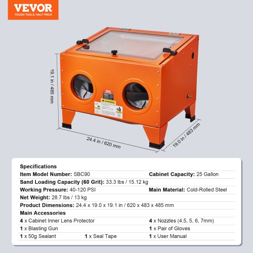 VEVOR 25 Gallon Sandblasting Cabinet, 40-120PSI Benchtop Sand Blasting Cabinet, Heavy Duty Steel Sand Blaster with Blasting Gun & 4 Ceramic Nozzles