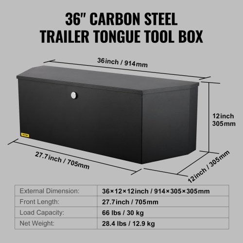 VEVOR 36"x12"x12" Trailer Tongue Box, Carbon Steel Tongue Box Tool Chest, Heavy Duty Trailer Box Storage with Lock and Keys, Utility Tool Box for