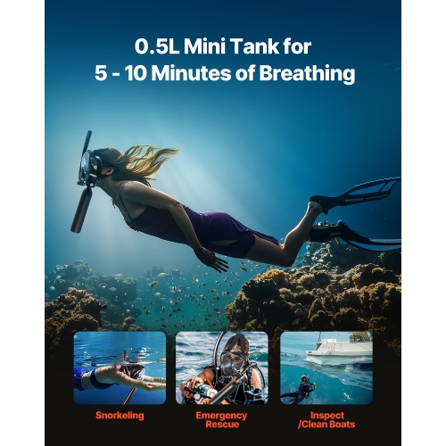 VEVOR 0.5L Scuba Tank, Portable Diving Tank, Oxygen Cylinder Support 5-10 Mins Underwater Breathing, 32.81 ft Depth, Refillable Snorkel Air Tank w/