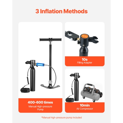 VEVOR 0.5L Scuba Tank, Portable Diving Tank, Oxygen Cylinder Support 5-10 Mins Underwater Breathing, 32.81 ft Depth, Refillable Snorkel Air Tank w/