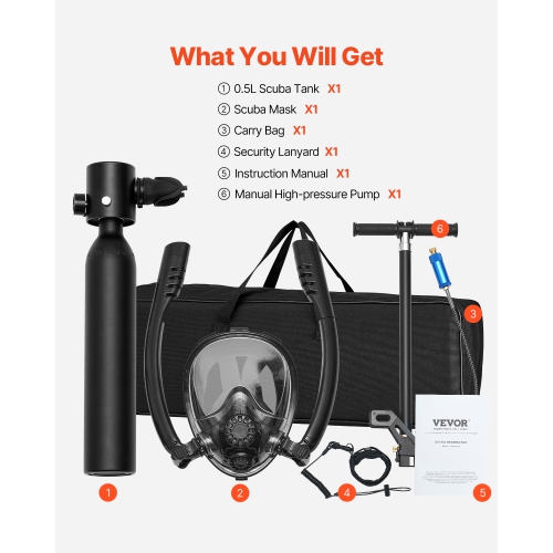 VEVOR 0.5L Scuba Tank, Portable Diving Tank, Oxygen Cylinder Support 5-10 Mins Underwater Breathing, 32.81 ft Depth, Refillable Snorkel Air Tank w/