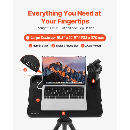 VEVOR Cycling Desk, Stationary Foldable Adjustable Bike Trainer & Treadmill Desk with Triangle Support, Non-Slip Multi-Slot Desk with Handle Bar, Fit