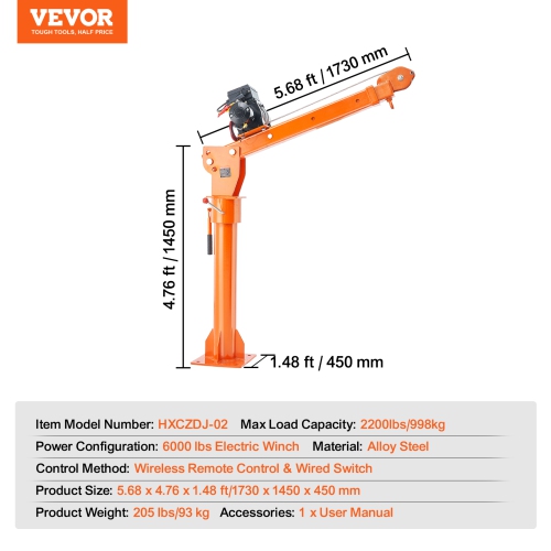 VEVOR 2200 lbs Electric Pickup Truck Crane, Folding Truck-Mounted Bed Crane with Electric Winch 6000 lbs, Steel Pickup Truck Jib Crane Hoist 360°