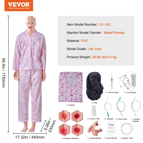 VEVOR Nursing Training Manikin, Male/Female Life Size Demonstration Human Manikin for Nursing Training, Multifunctional Education Teaching Model