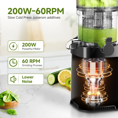 Cold Press Slow Juicer 60 RPM, Masticating Juicer Machines with Large Auger and Triple Strainers, 5.4 inch Feed Chute for Whole Fruits & Vegetables