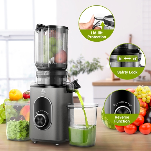 Masticating Juicer with4.35 in Feed Chute, 150W Quiet Moter Cold Press Juicer BPA-Free, Overheat Protection & Large Air Outlet, Slow Juice Extractor
