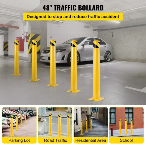VEVOR 48"x5.5" Safety Bollard, Safety Barrier Bollard 5-1/2" OD 48" Height, Yellow Powder Coat Pipe Steel Safety Barrier, with 4 Free Anchor Bolts,