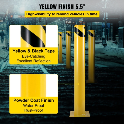 VEVOR 48"x5.5" Safety Bollard, Safety Barrier Bollard 5-1/2" OD 48" Height, Yellow Powder Coat Pipe Steel Safety Barrier, with 4 Free Anchor Bolts,