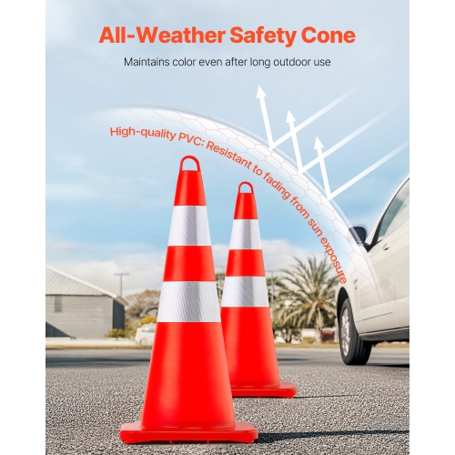 VEVOR 10PCS 28" Safety Cones, Traffic Cones, PVC Orange Construction Cones, 2 Reflective Collars Traffic Cones with Weighted Base and Hand-Held Ring