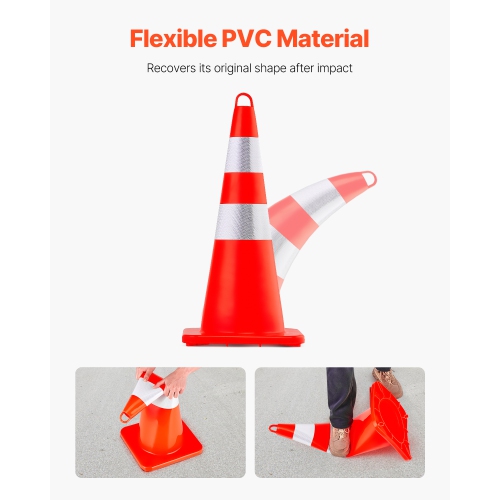 VEVOR 10PCS 28" Safety Cones, Traffic Cones, PVC Orange Construction Cones, 2 Reflective Collars Traffic Cones with Weighted Base and Hand-Held Ring