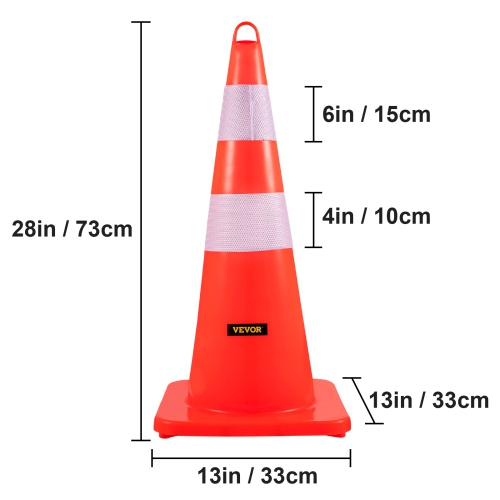 VEVOR 10PCS 28" Safety Cones, Traffic Cones, PVC Orange Construction Cones, 2 Reflective Collars Traffic Cones with Weighted Base and Hand-Held Ring