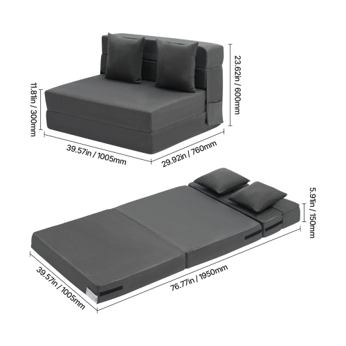 Canapé-lit pliable 3-en-1 VEVOR, lit canapé pliable avec 2 oreillers et housse lavable, lit-lit convertible en mousse à mémoire haute densité 25D,