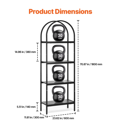 Étagère en métal à 4 niveaux VEVOR, étagère industrielle arquée, petite bibliothèque de rangement rustique rétro avec tablettes ouvertes, étagère de