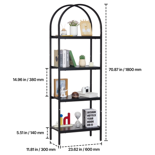 Étagère en métal à 4 niveaux VEVOR, étagère industrielle arquée, petite bibliothèque de rangement rustique rétro avec tablettes ouvertes, étagère de