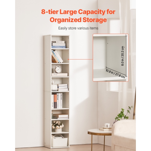 VEVOR 8 Tiers Narrow Bookshelf, 71 in Wooden Tall Open Bookcase with Height-Adjustable Shelf, Freestanding Display Storage Floor Bookcase Bookshelf